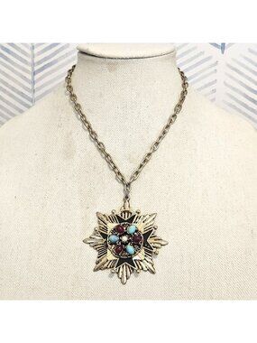 Vintage Maltese Cross Blue Red Faux Pearl Cabochon Enamel Inlay 23" Chain